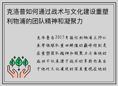 克洛普如何通过战术与文化建设重塑利物浦的团队精神和凝聚力 克洛普如何通过战术与文化建设重塑利物浦的团队精神和凝聚力